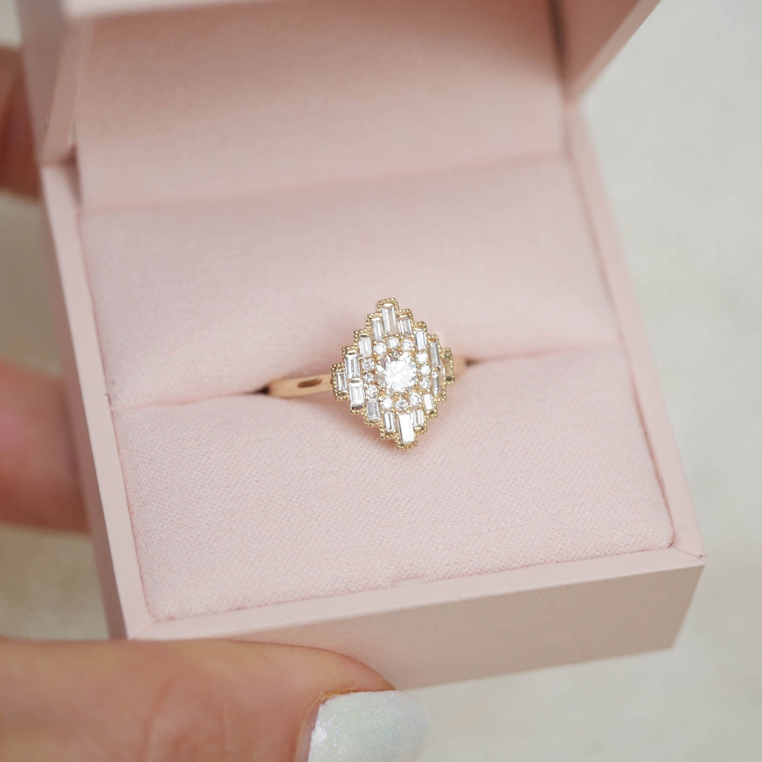 0.34 CT Round Cut Moissanite Art Deco Mosaic Engagement Ring