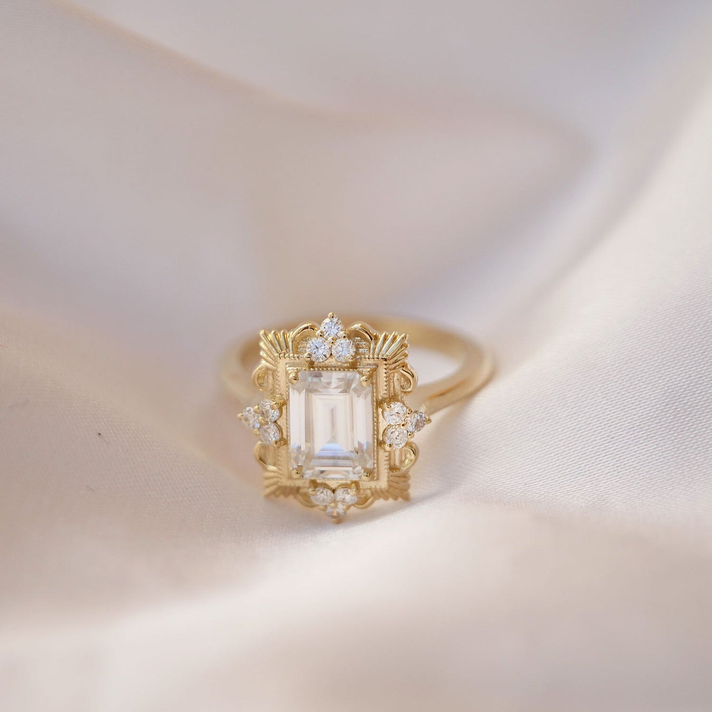 1.5 CT Emerald Cut Moissanite Florentine Mosaic Engagement Ring