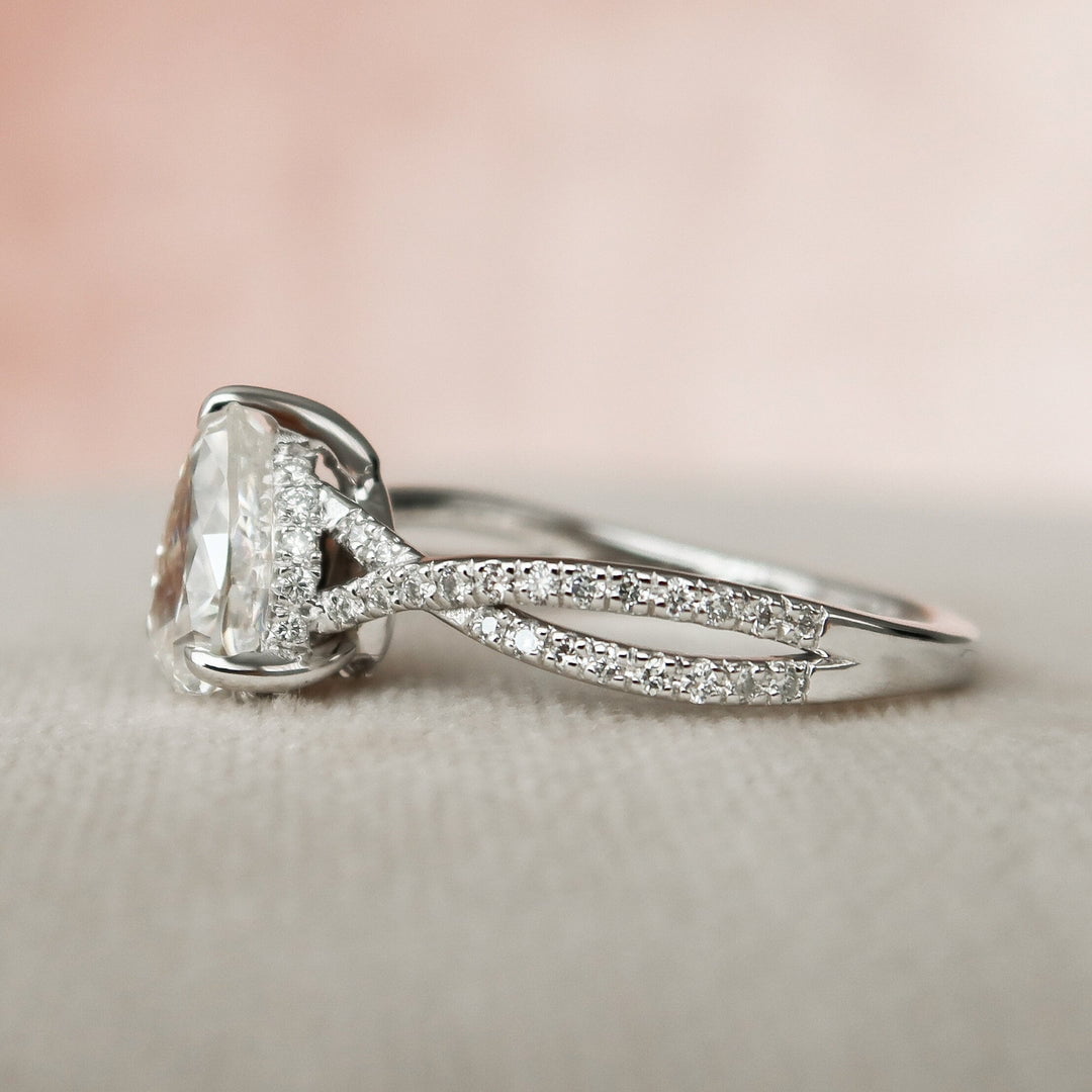 1.5 CT Pear Cut Hidden Halo Moissanite Half Eternity With Split Shank Bridal Set