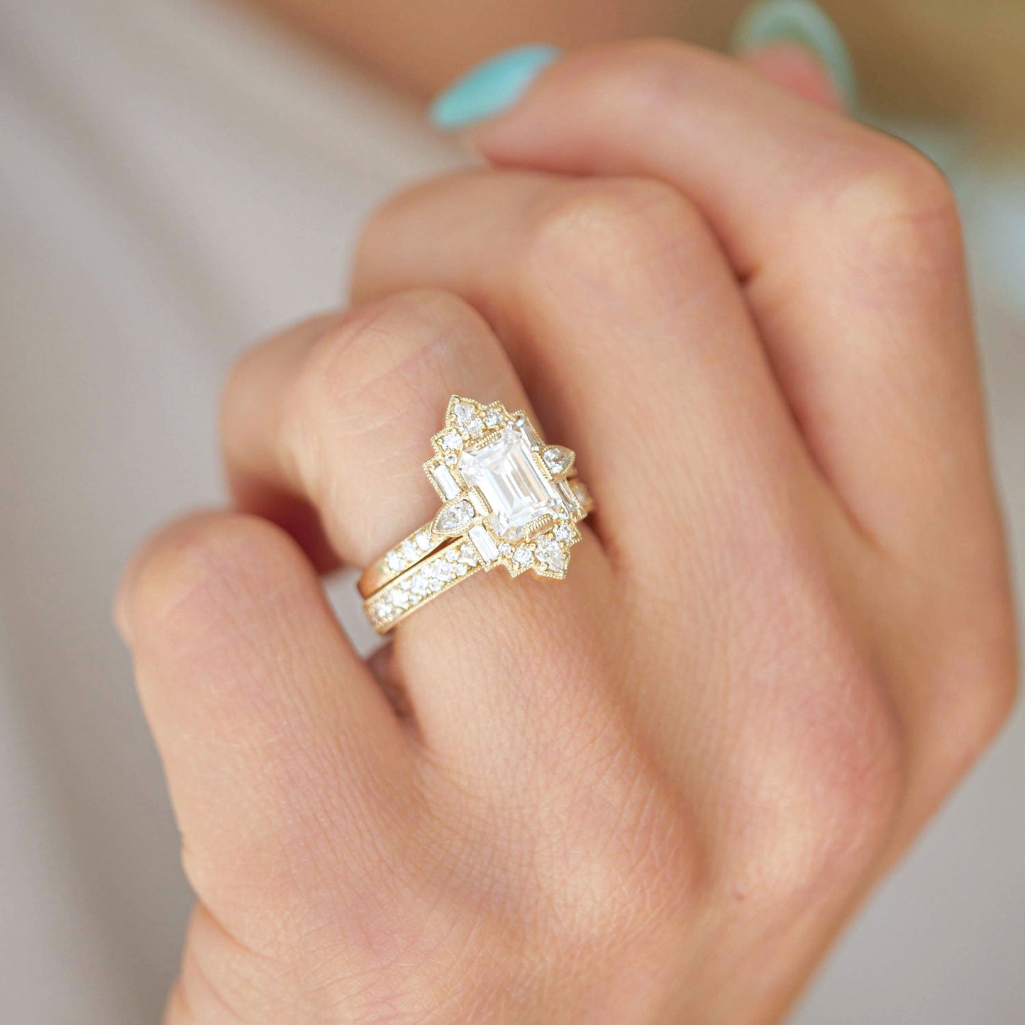 1.5 CT Emerald Cut Moissanite Art Deco Mosaic Engagement Ring