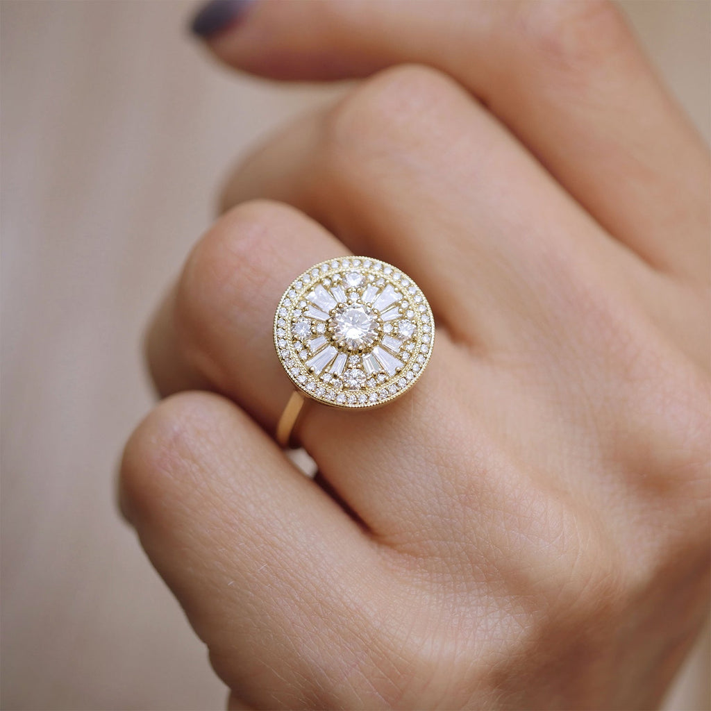 0.35 CT Round Cut Moissanite Halo Cluster Mosaic Engagement Ring