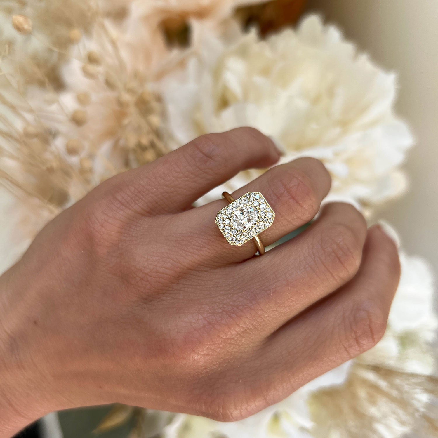 0.74 CT Oval Cut Moissanite Emerald Shape Mosaic Engagement Ring