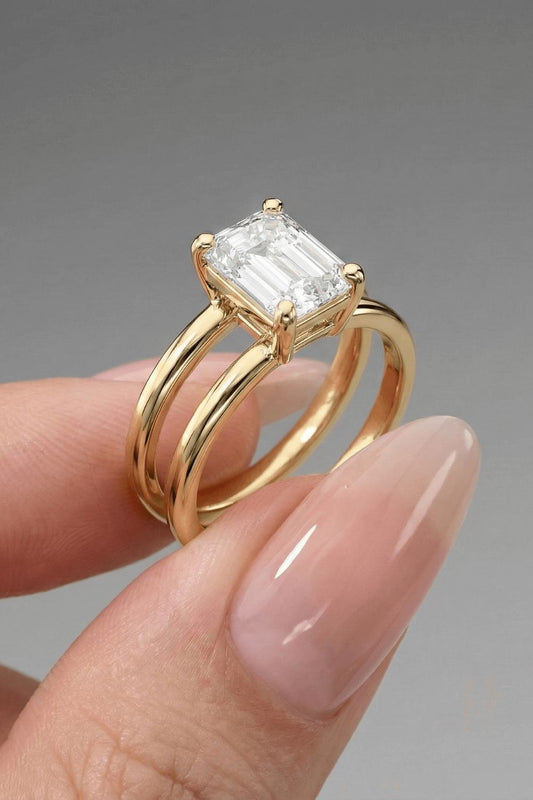 Emerald Cut Double Band Solitaire Moissanite Engagement Ring