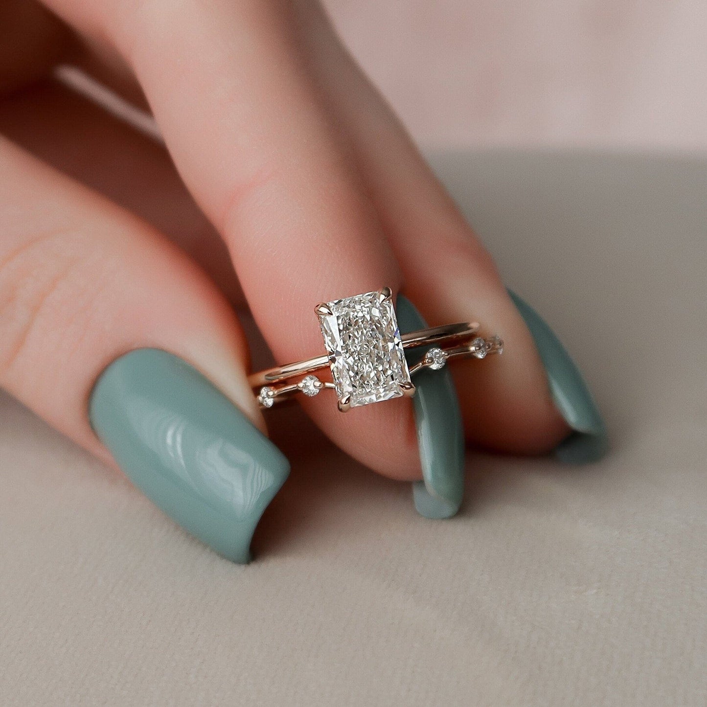 2.5 CT Radiant Cut Hidden Halo Moissanite Solitaire Bridal Set