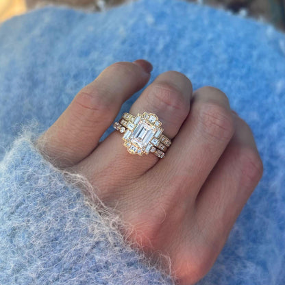 1.5 CT Emerald Cut Moissanite Art Deco Mosaic Engagement Ring