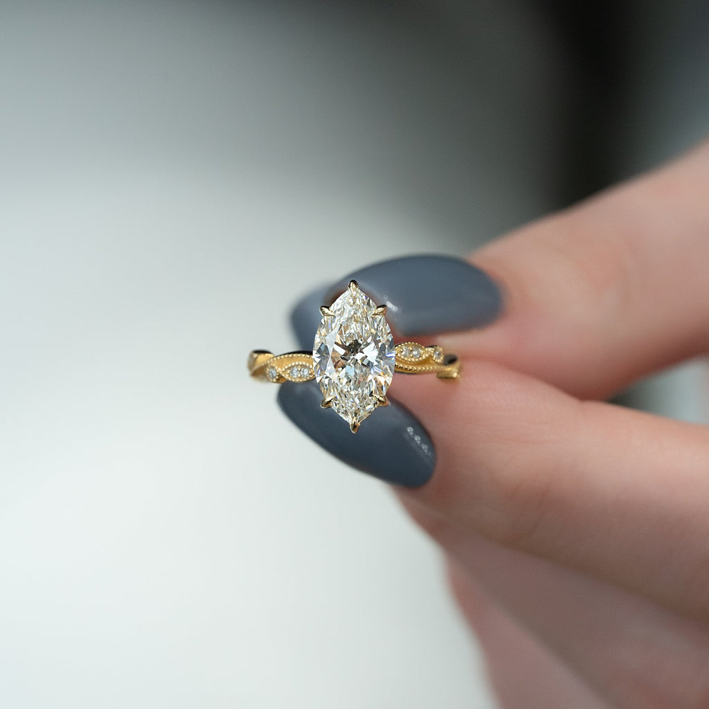 2 CT - 2.5 CT Marquise Cut Hidden Halo Milgrain Moissanite Engagement Ring