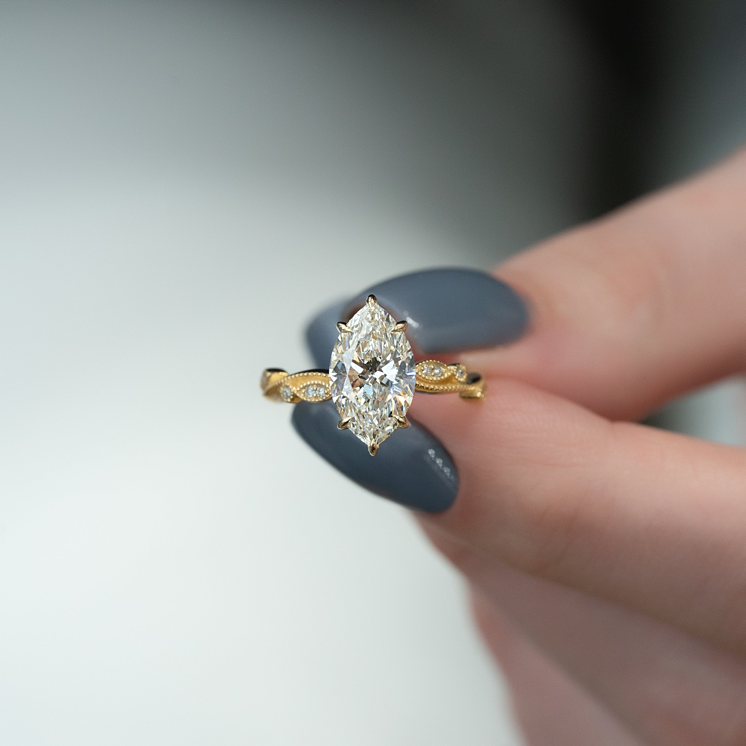 2 CT - 2.5 CT Marquise Cut Hidden Halo Milgrain Moissanite Engagement Ring