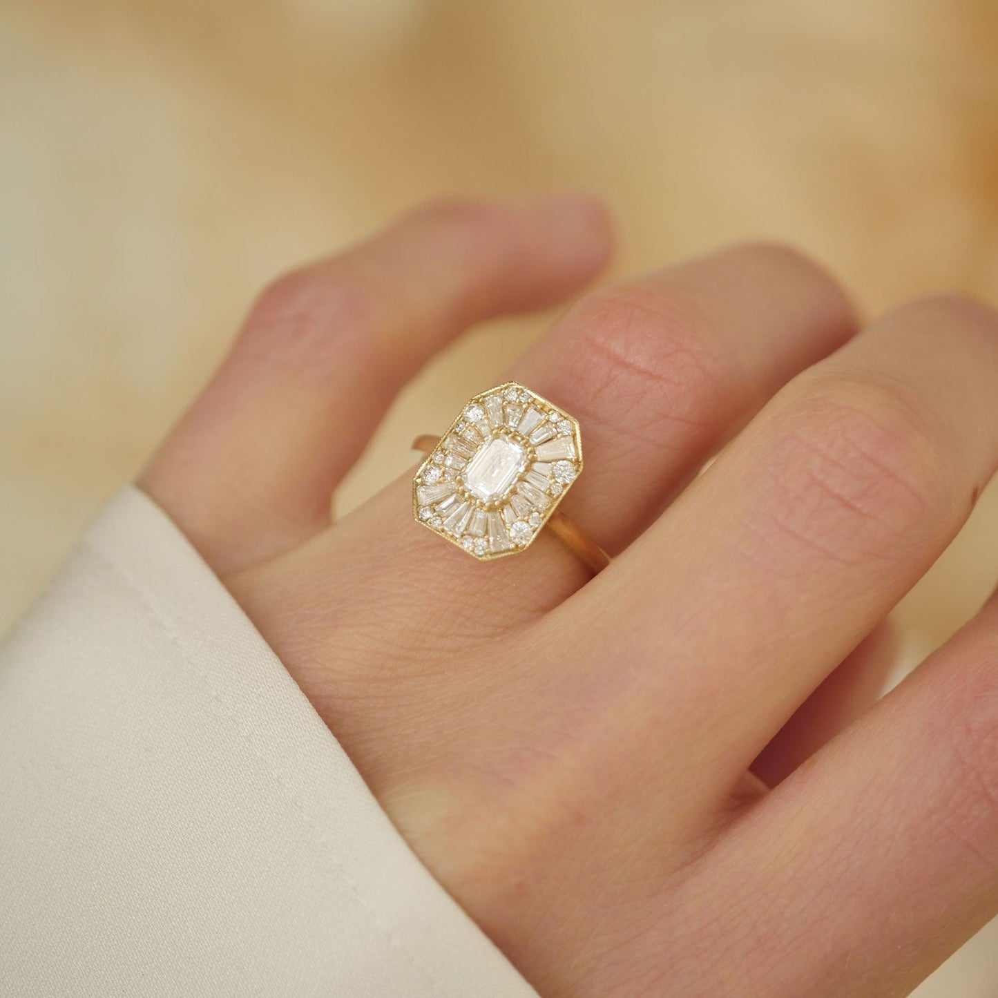 0.56 CT Emerald Cut Moissanite Emerald Shape Mosaic Engagement Ring