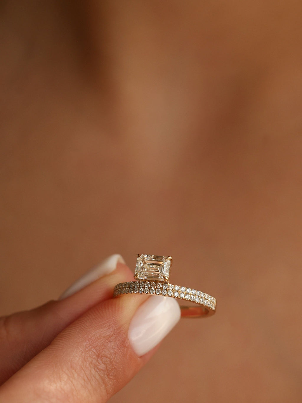 1 CT - 3 CT East-West Emerald Cut Lab grown Diamond Double Band Pave Engagement Ring