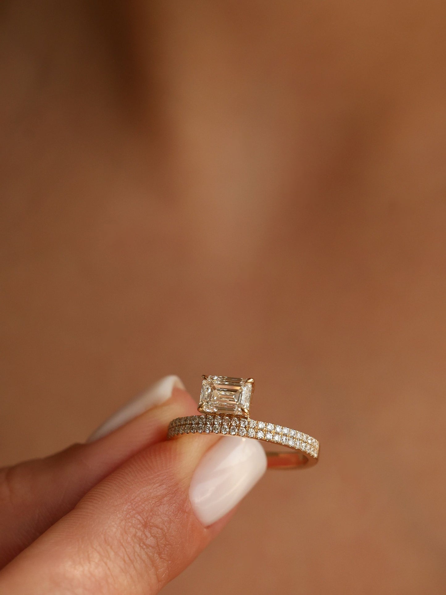 1 CT - 3 CT East-West Emerald Cut Lab grown Diamond Double Band Pave Engagement Ring