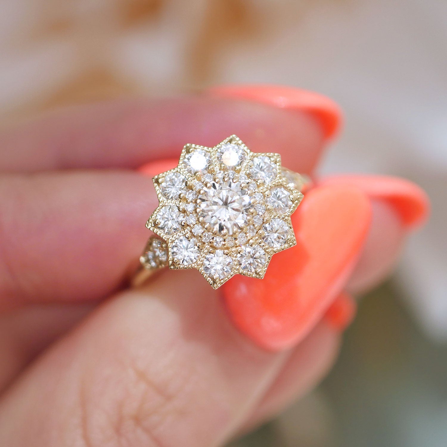 0.53 CT Round Cut Moissanite Sunflower Style Mosaic Engagement Ring