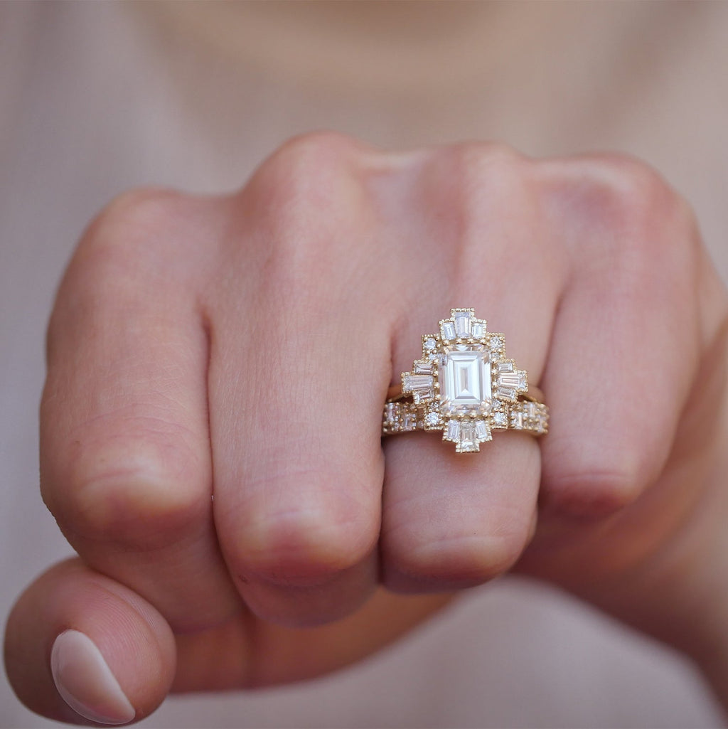 1.5 CT Emerald Cut Moissanite Cluster Mosaic Engagement Ring