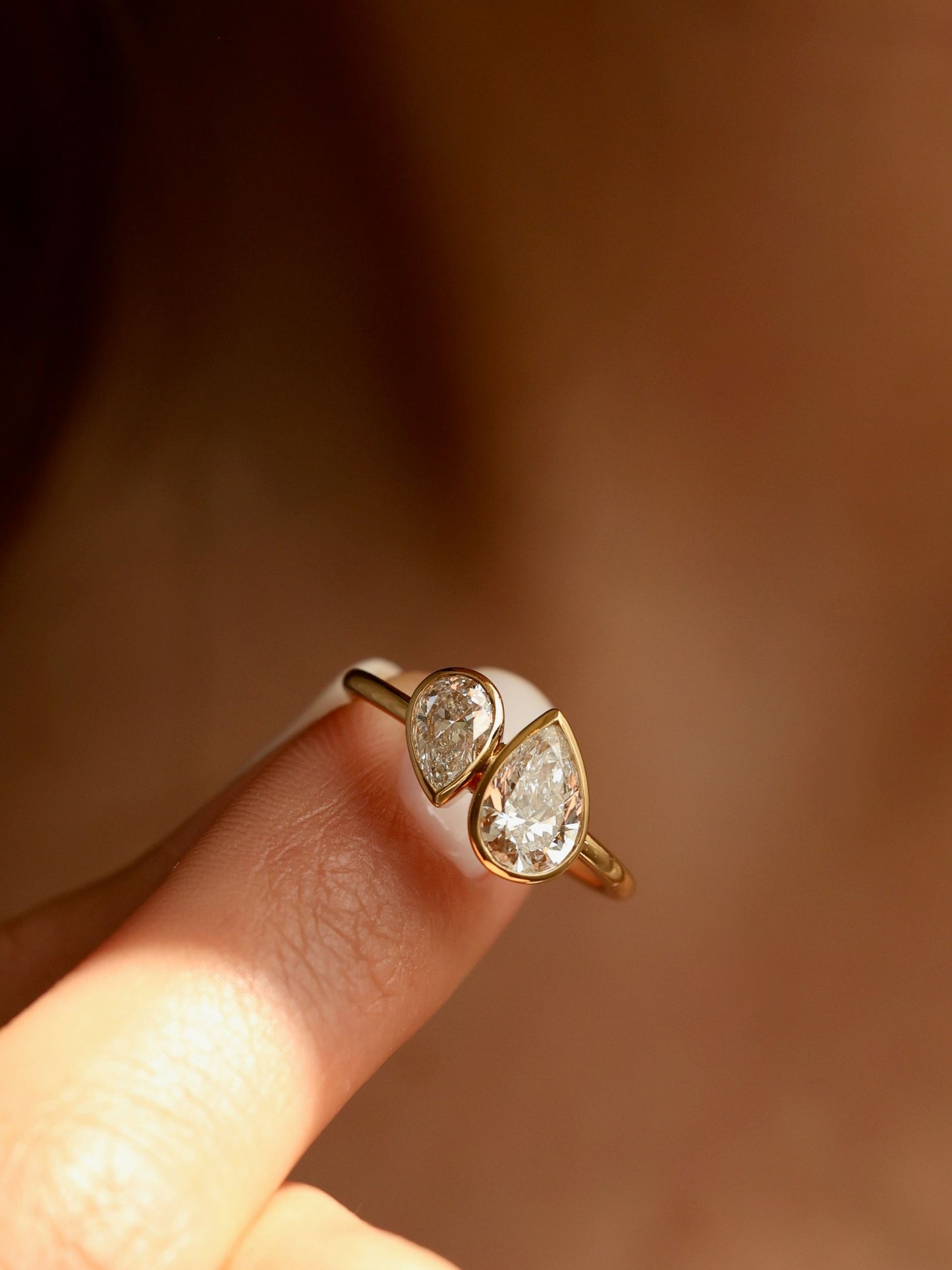 1.5 TCW Pear Cut Lab grown Diamond Two Stone & Bezel Engagement Ring