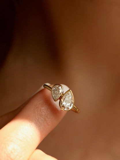 1.5 TCW Pear Cut Lab grown Diamond Two Stone & Bezel Engagement Ring