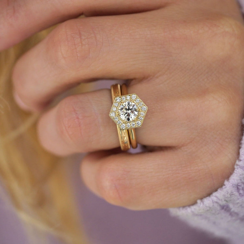 0.73 CT Round Cut Moissanite Hexagon Shape Halo Mosaic Engagement Ring