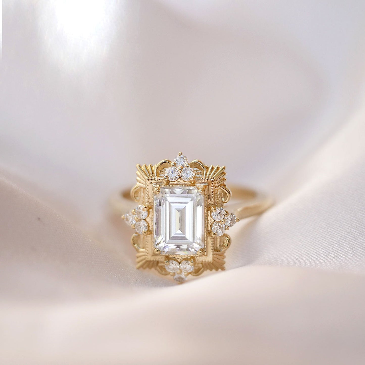 1.5 CT Emerald Cut Moissanite Florentine Mosaic Engagement Ring