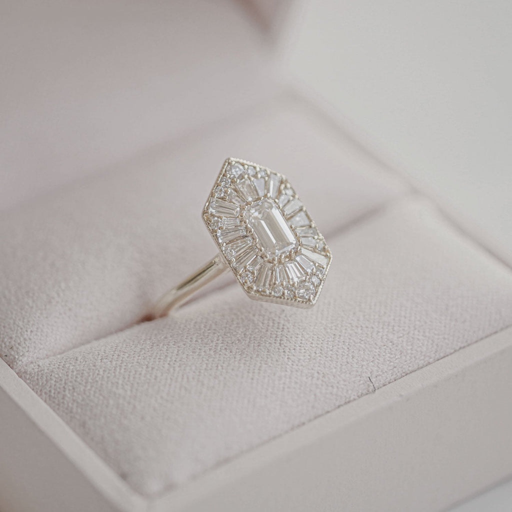 0.56 CT Emerald Cut Moissanite Hexagon Shape Mosaic Engagement Ring