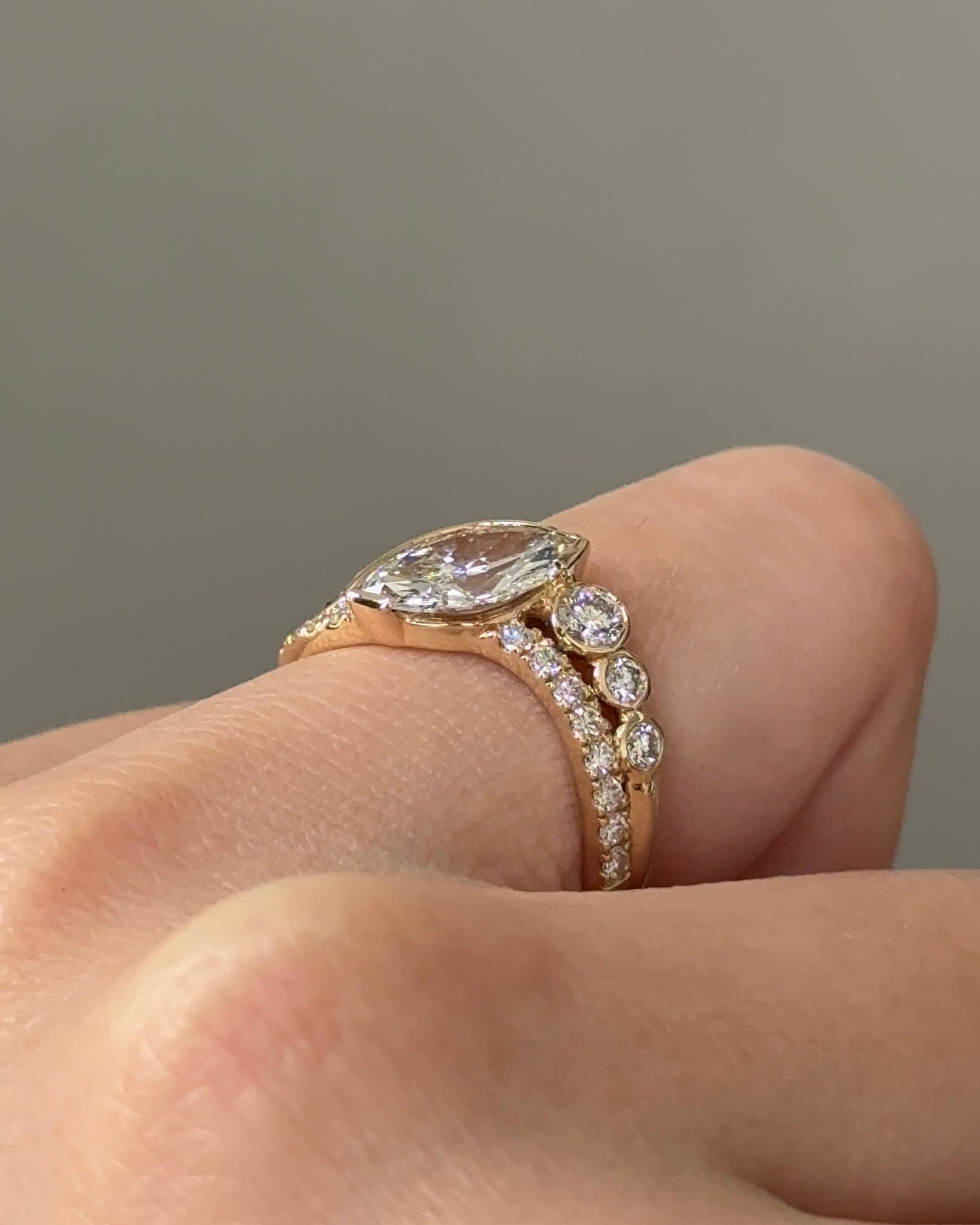 1.09 CT Marquise Cut Lab grown Diamond Bezel Arc Curvy With Pave Engagement Ring