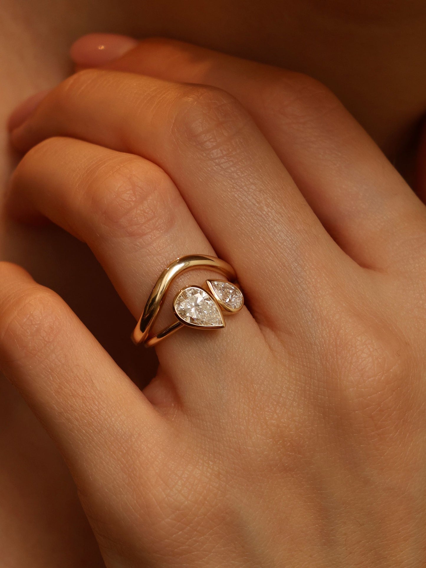 1.5 TCW Pear Cut Lab grown Diamond Two Stone & Bezel Engagement Ring