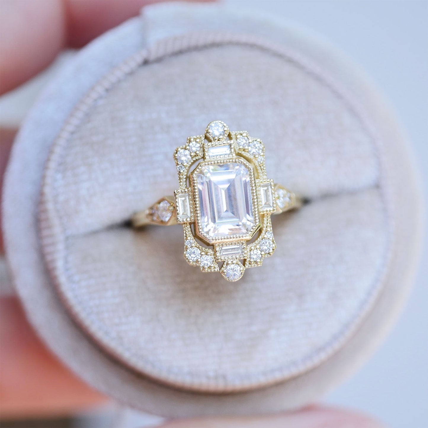 1.5 CT Emerald Cut Moissanite Fairmont Mosaic Engagement Ring
