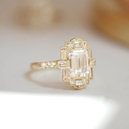 1.5 CT Emerald Cut Moissanite Art Deco Mosaic Engagement Ring