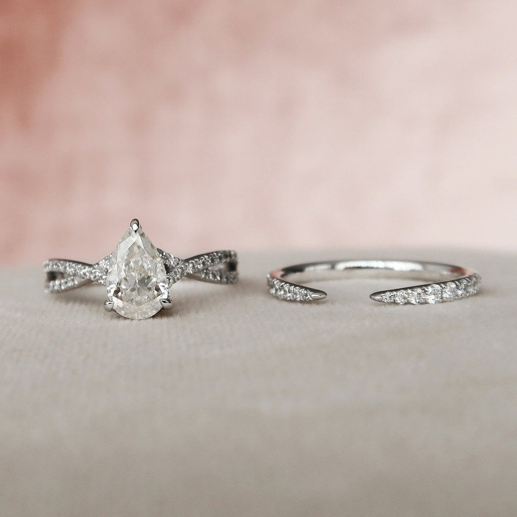 1.5 CT Pear Cut Hidden Halo Moissanite Half Eternity With Split Shank Bridal Set