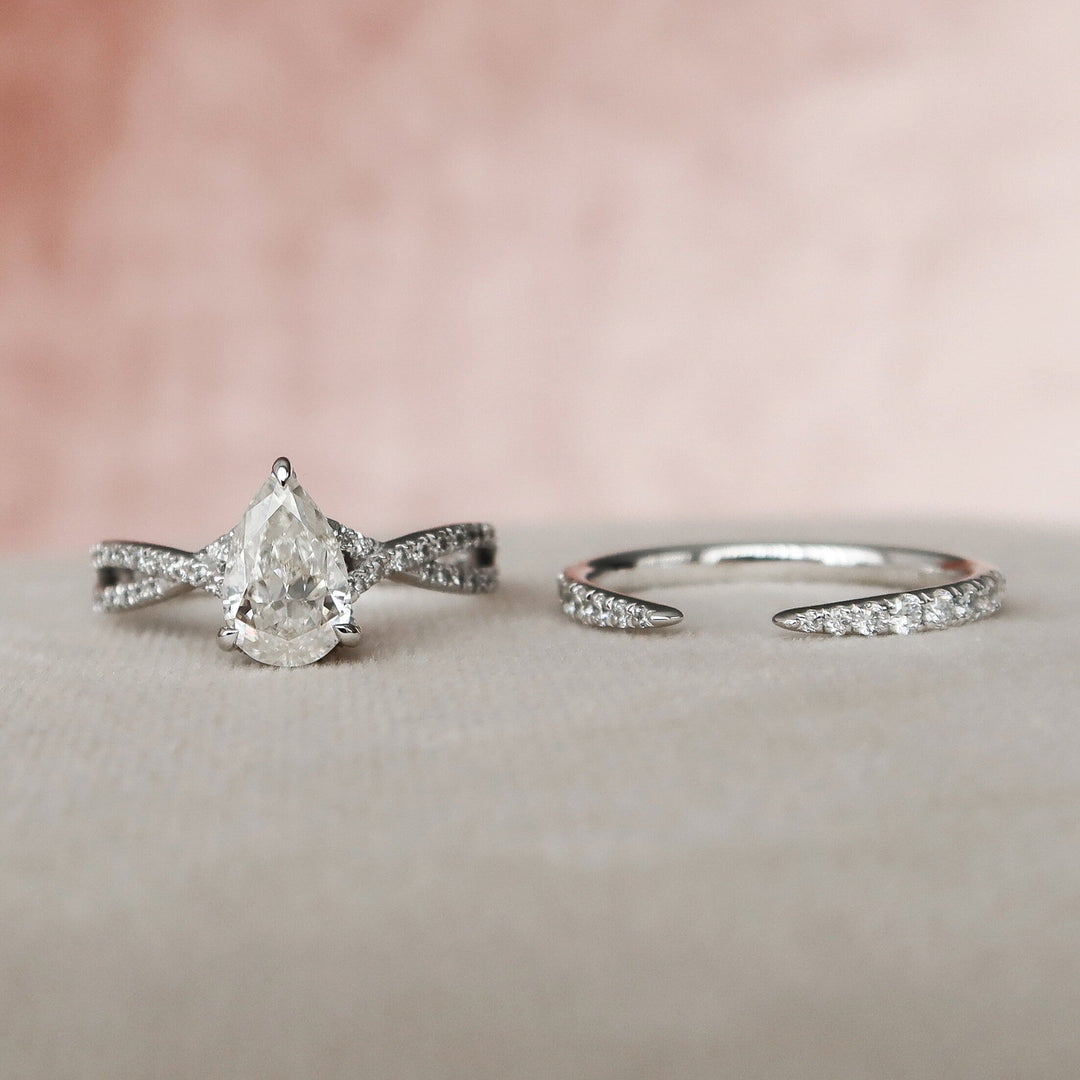 1.5 CT Pear Cut Hidden Halo Moissanite Half Eternity With Split Shank Bridal Set