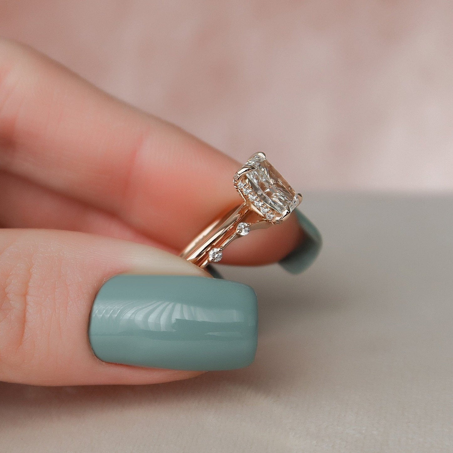 2.5 CT Radiant Cut Hidden Halo Moissanite Solitaire Bridal Set