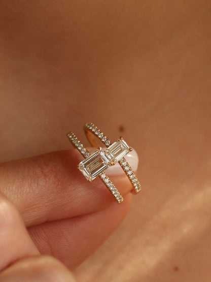 0.9 CT - 2.9 CT Emerald Cut Lab grown Diamond Pave Engagement Ring