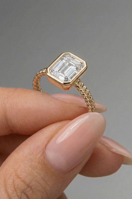 Emerald Cut Braided Rope Style Bezel Moissanite Engagement Ring
