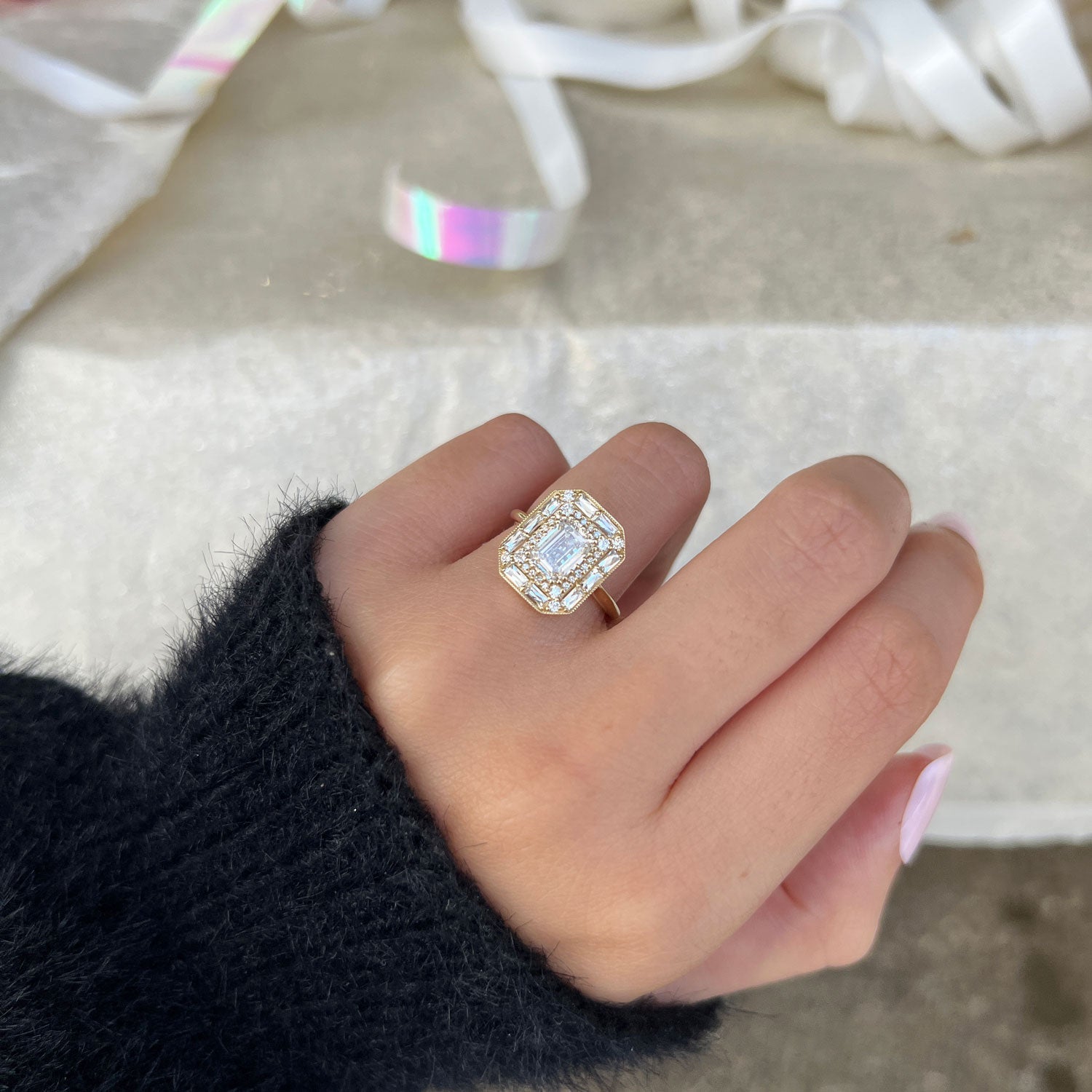 1.5 CT Emerald Cut Moissanite Emerald Shape Halo Style Mosaic Engagement Ring