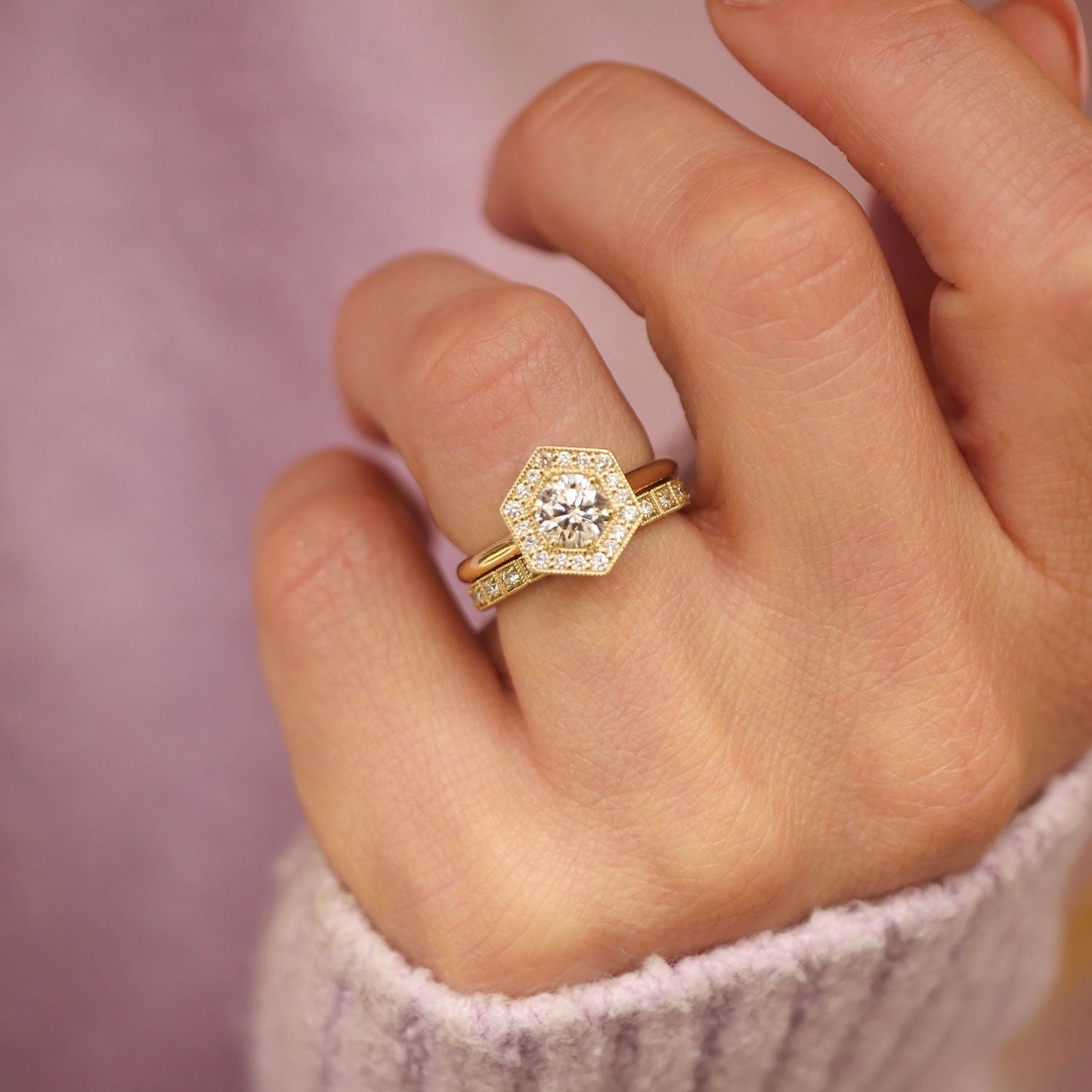 0.73 CT Round Cut Moissanite Hexagon Shape Halo Mosaic Engagement Ring