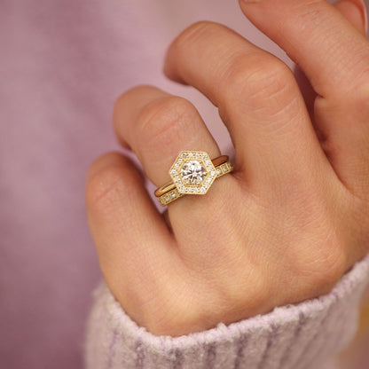 0.73 CT Round Cut Moissanite Hexagon Shape Halo Mosaic Engagement Ring