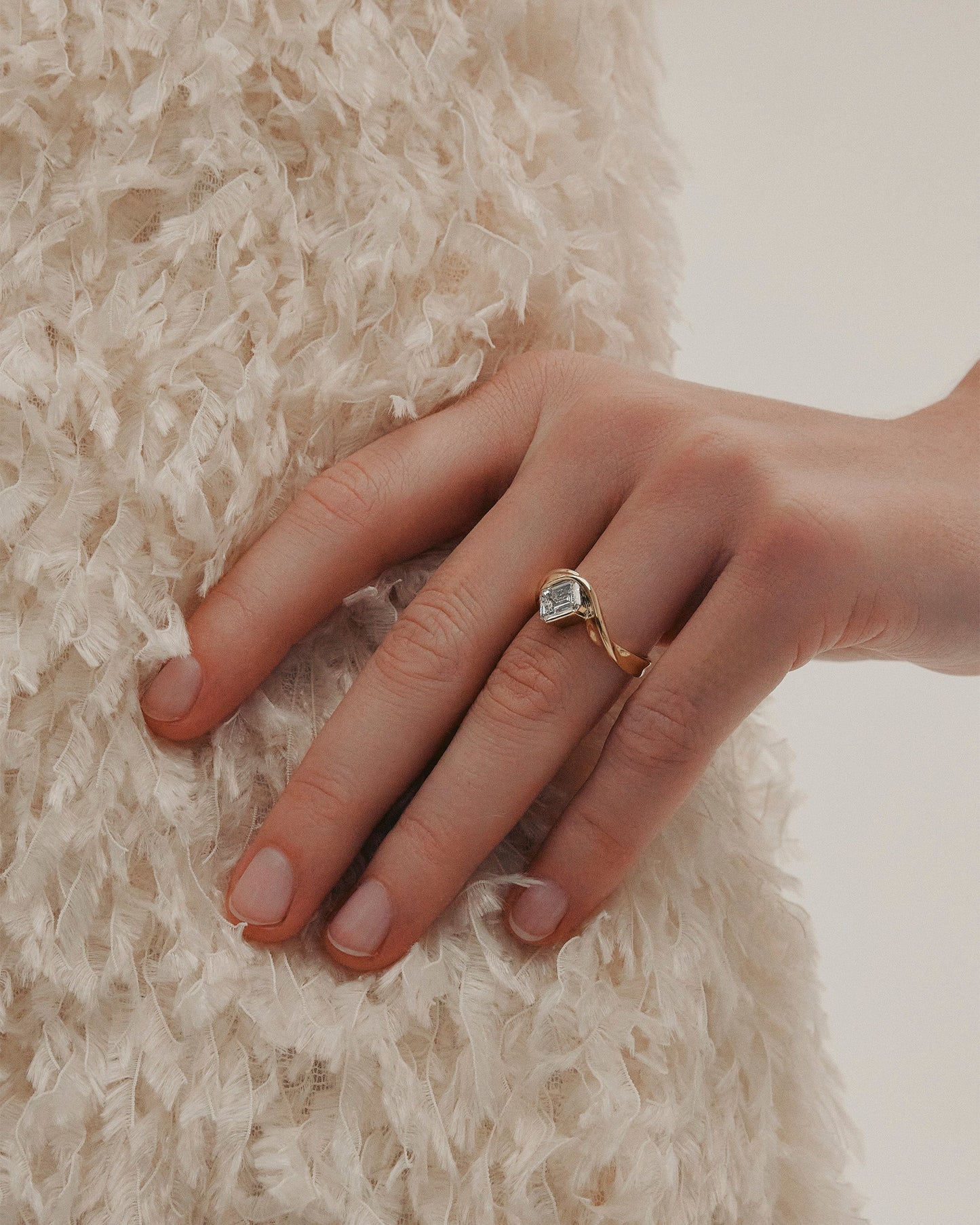 1.01 CT Emerald Cut Lab grown Diamond Sculptural Band Solitaire Engagement Ring