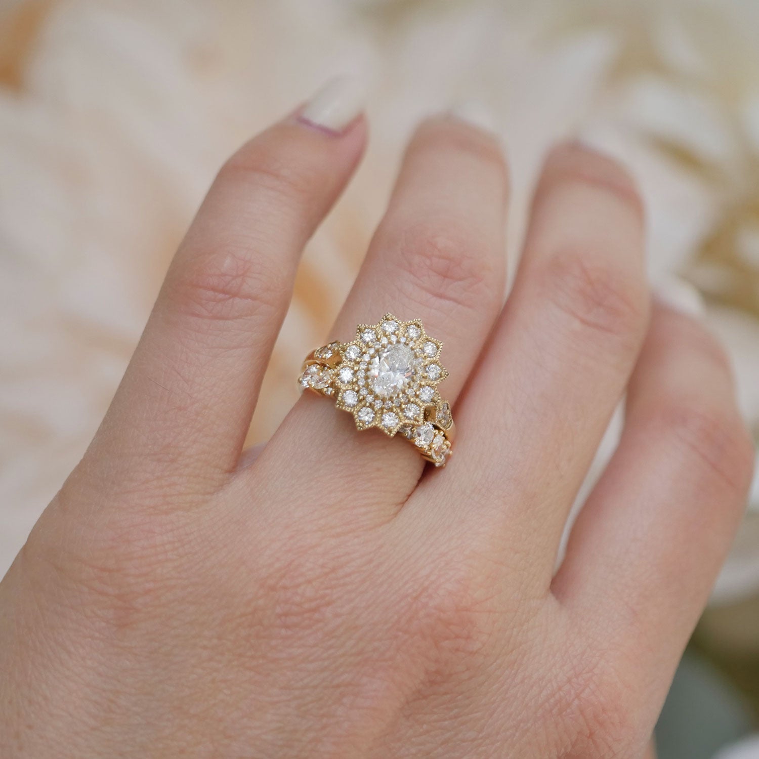0.74 CT Oval Cut Moissanite Sunflower Style Mosaic Engagement Ring