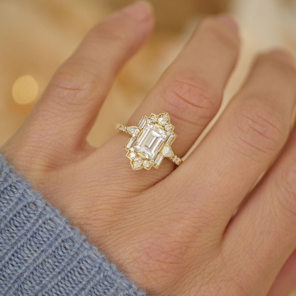1.5 CT Emerald Cut Moissanite Art Deco Mosaic Engagement Ring