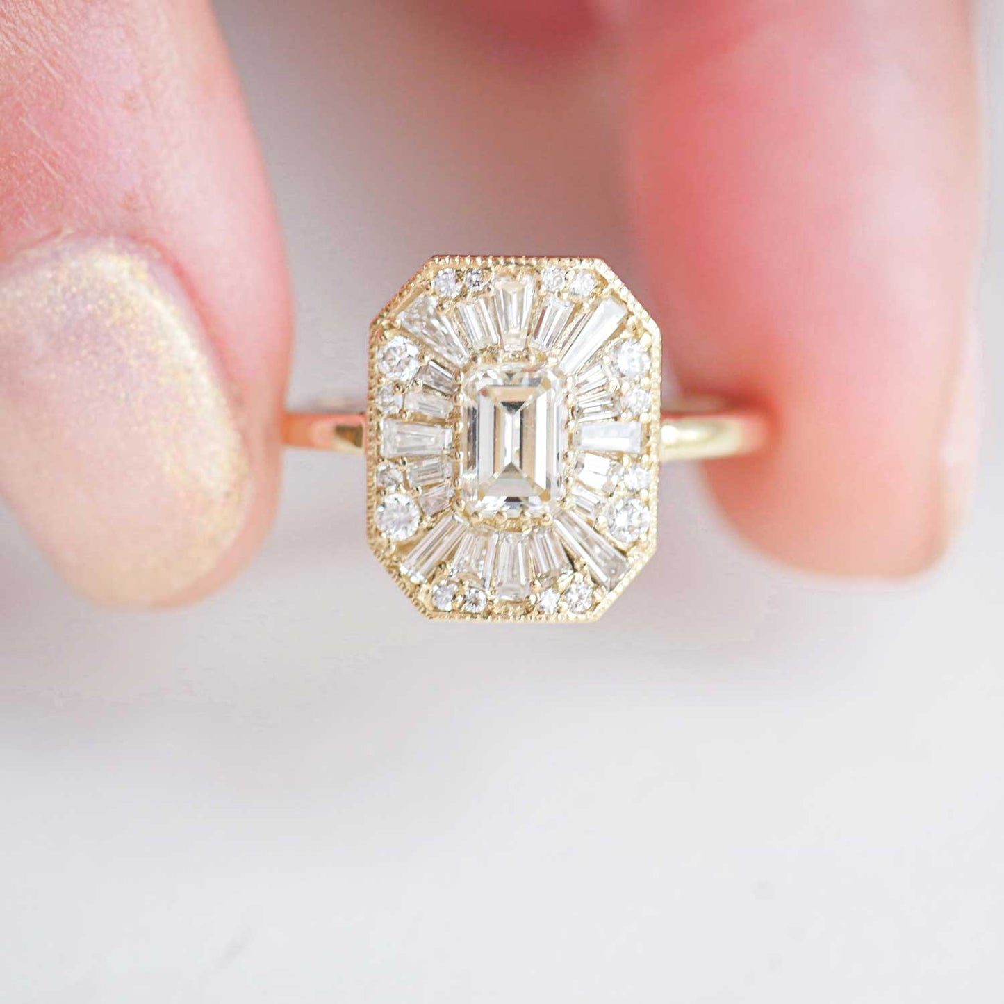 0.56 CT Emerald Cut Moissanite Emerald Shape Mosaic Engagement Ring