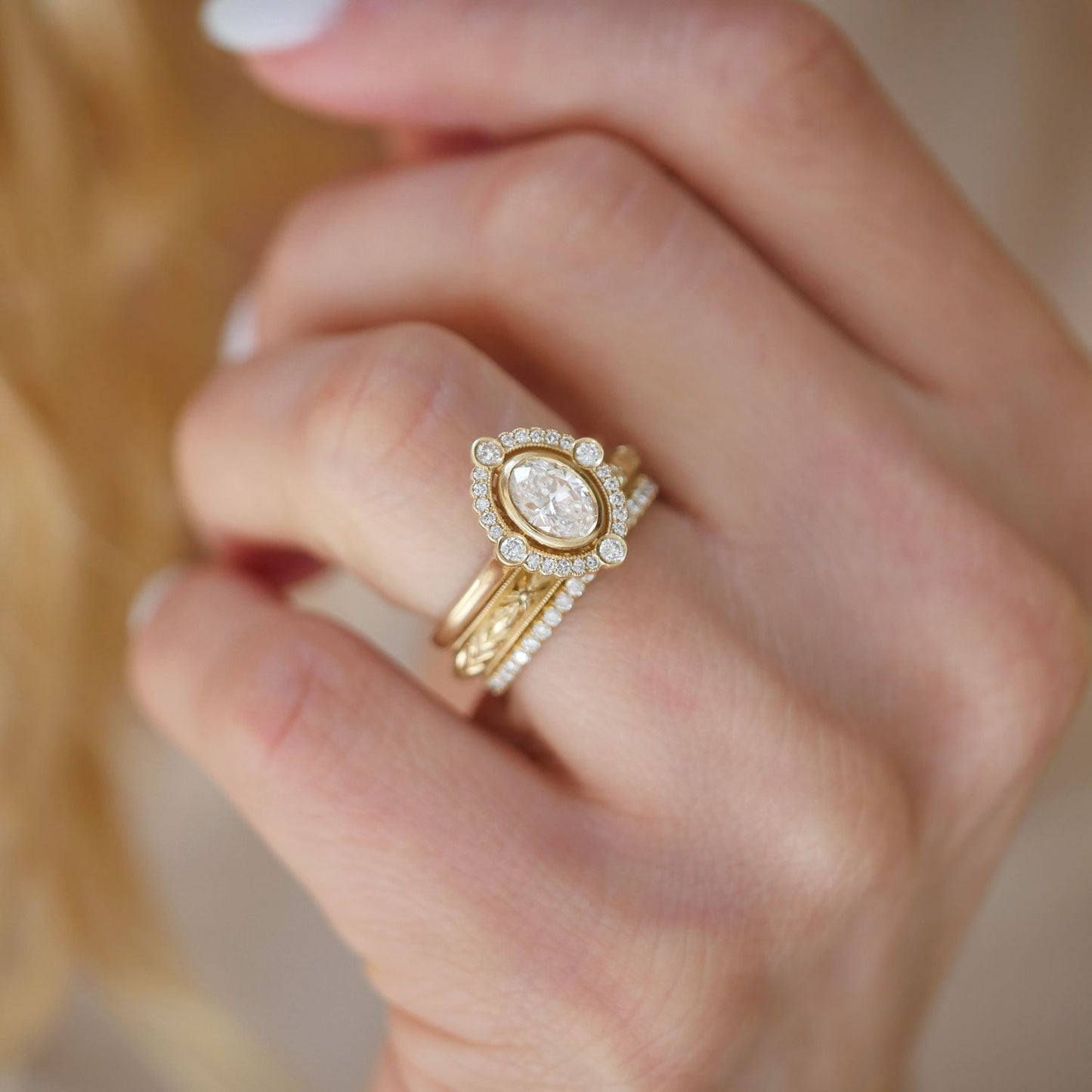 0.7 CT Oval Cut Moissanite Art Deco Mosaic Engagement Ring