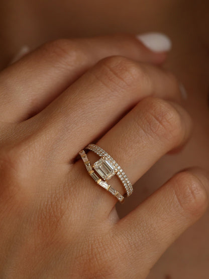 1 CT - 3 CT East-West Emerald Cut Lab grown Diamond Double Band Pave Engagement Ring