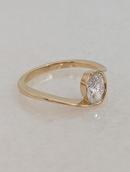 0.7 CT Oval Cut Half Bezel Unique Solitaire Moissanite Engagement Ring