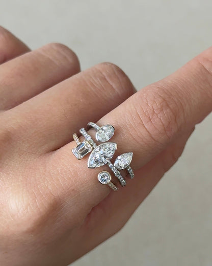 0.56 TCW Emerald & Round CVD Diamond Bezel with Open Cuff Wedding Band