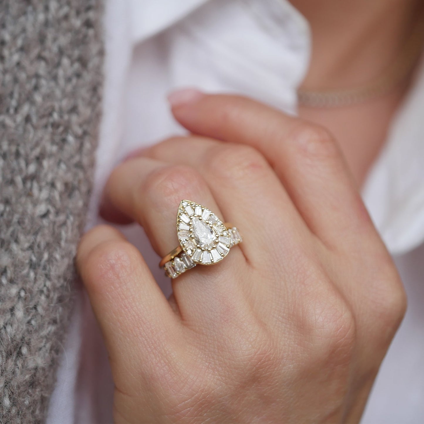 0.73 CT Pear Cut Moissanite Cluster Mosaic Engagement Ring