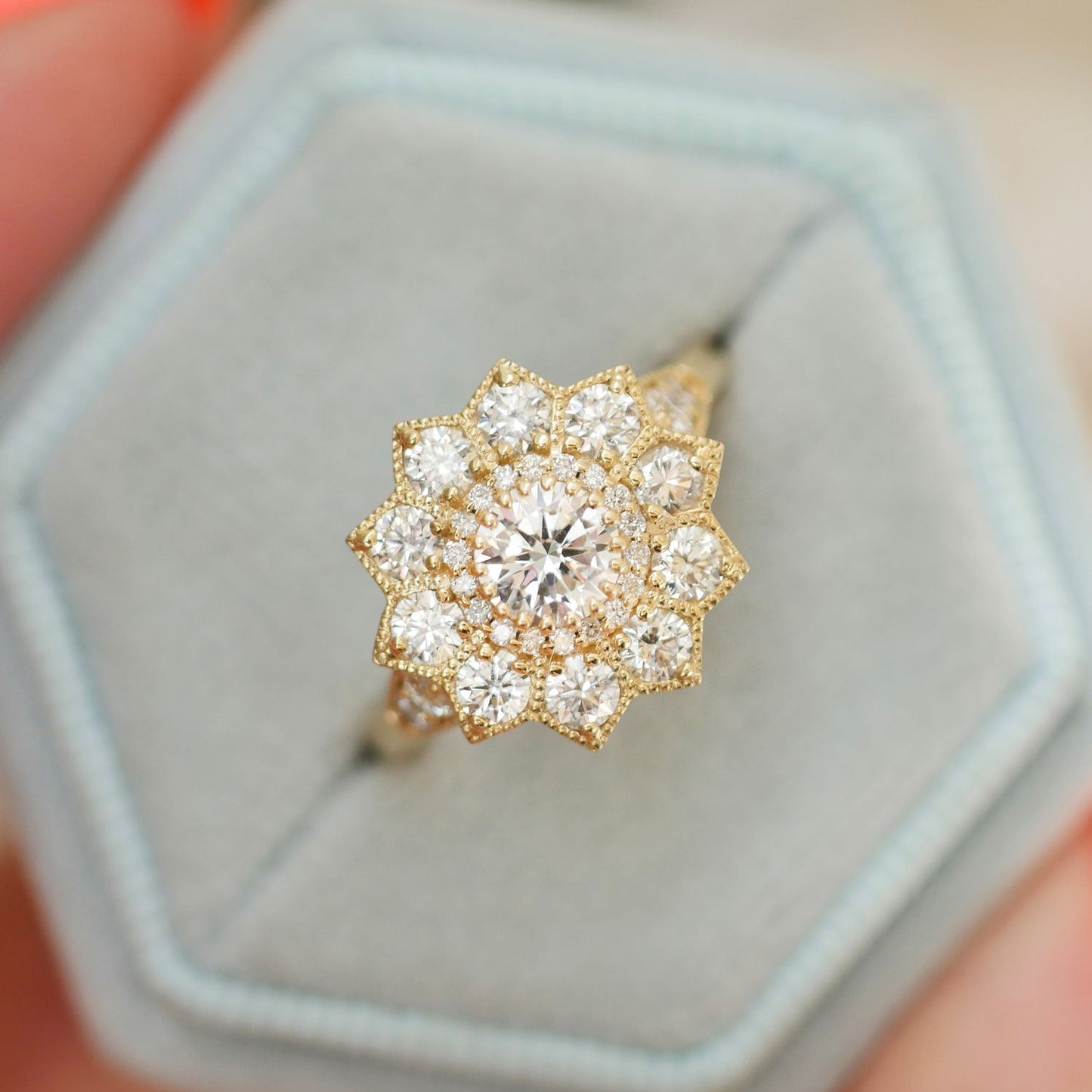 0.53 CT Round Cut Moissanite Sunflower Style Mosaic Engagement Ring