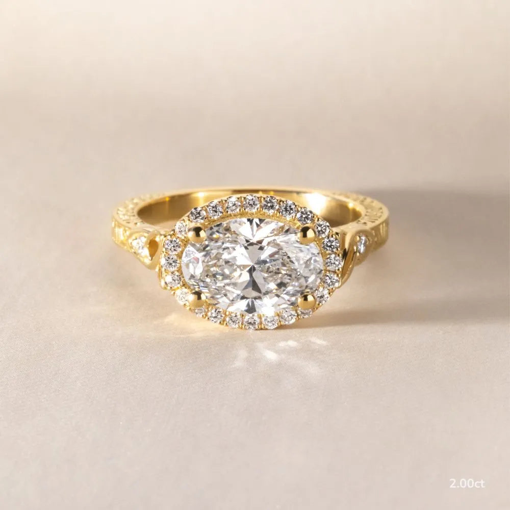 2 CT - 3 CT East-West Oval Cut Halo Vintage Style Moissanite Engagement Ring