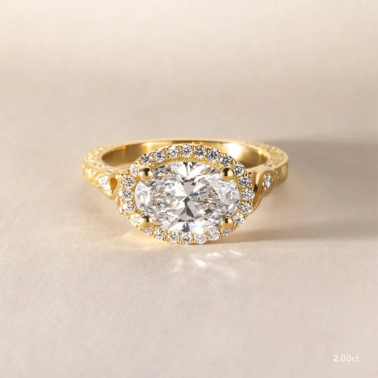 2 CT - 3 CT East-West Oval Cut Halo Vintage Style Moissanite Engagement Ring