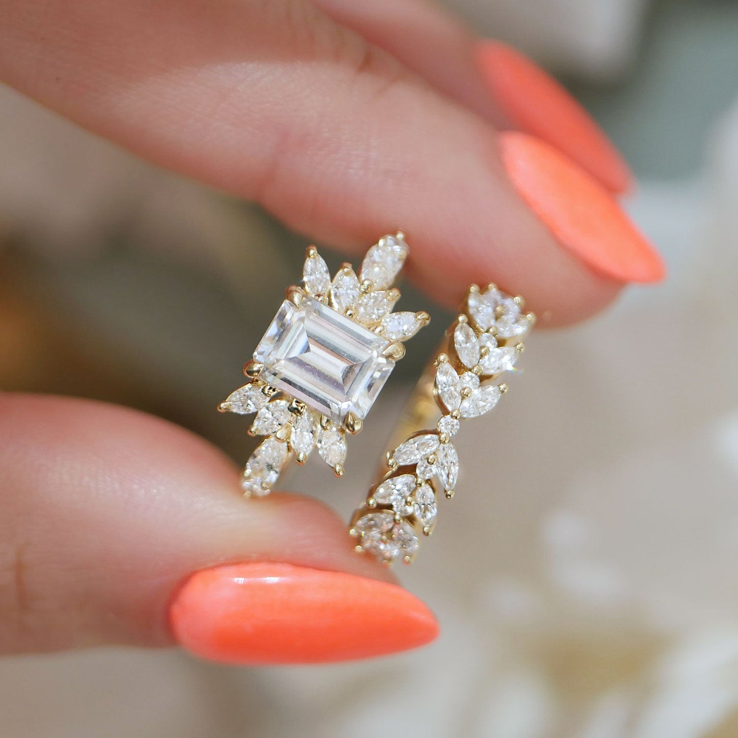 1.5 CT Emerald Cut Moissanite Peacock Style Mosaic Engagement Ring