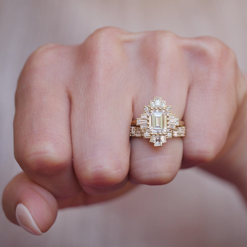 1.5 CT Emerald Cut Moissanite Cluster Mosaic Engagement Ring