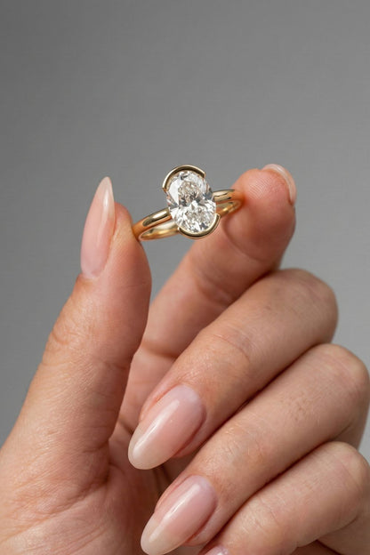 Oval Cut Half Bezel Solitaire Moissanite Engagement Ring