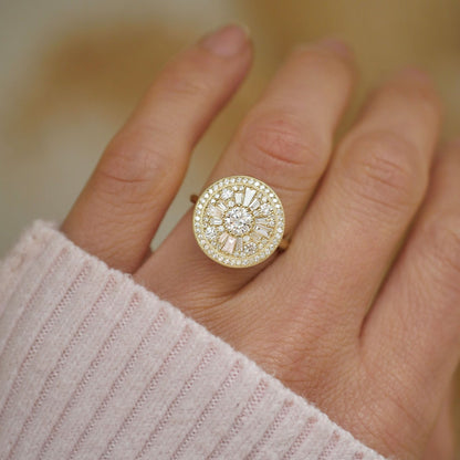 0.35 CT Round Cut Moissanite Halo Cluster Mosaic Engagement Ring