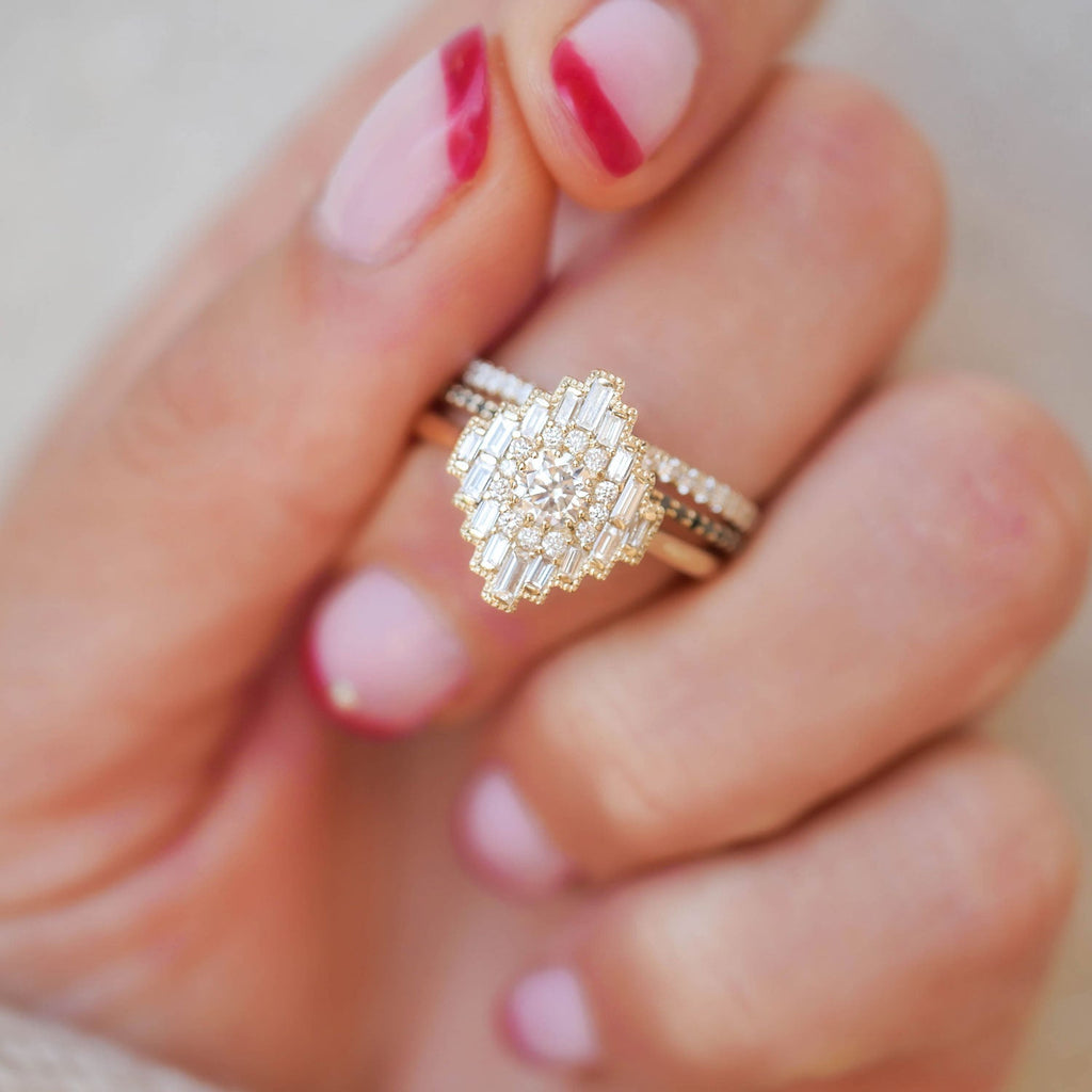 0.34 CT Round Cut Moissanite Art Deco Mosaic Engagement Ring